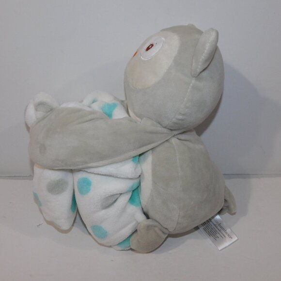Piccolo Bambino Baby 13" Plush Gray Owl w Fleece Blue Polka Dot Blanket UNUSED - Picture 3 of 7